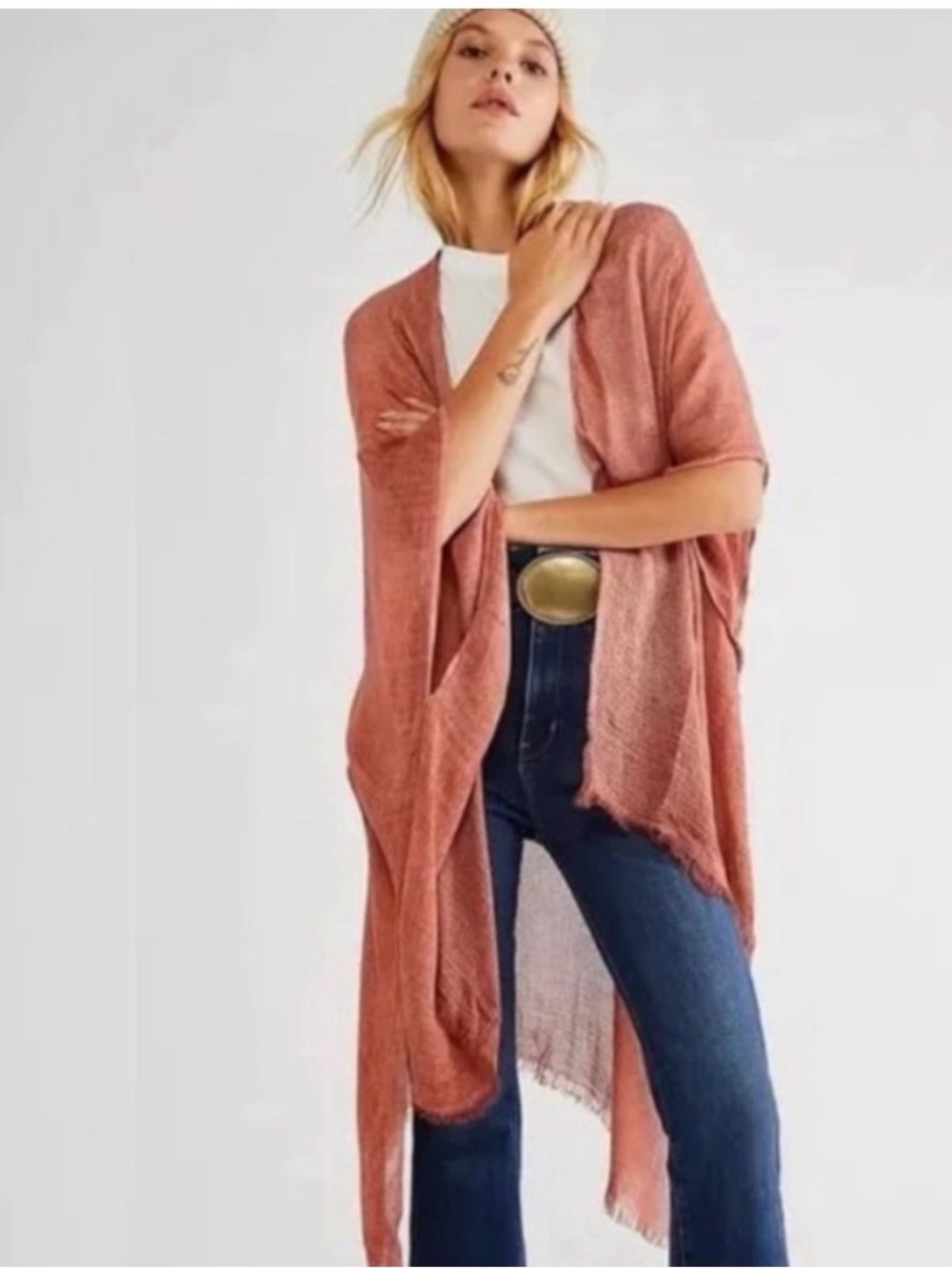 Free People Daydream Washed Pink Open Drape Kimono Cardigan